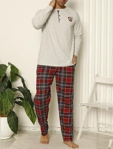  Hombre Ropa de salón Pijama Conjunto pijama Top y pantalón de pijama 2 Piezas Plaid Elegante Casual Confort Hogar Diario Mezcla de Algodón Comodidad Henley Manga Larga Camiseta Pantalón Correa