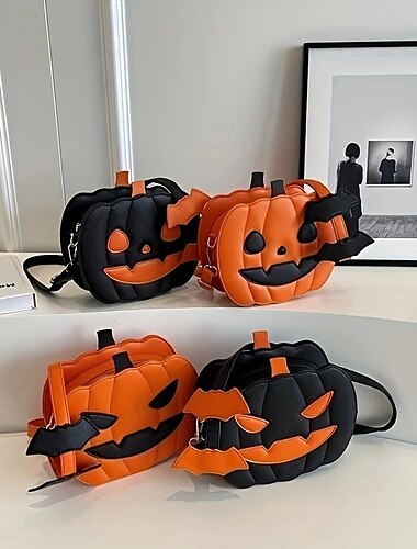  conjunto de 4 bolsas crossbody de abóbora de Halloween - desenhos de jack-o'-lantern e morcego em cena festiva de decoração de Halloween