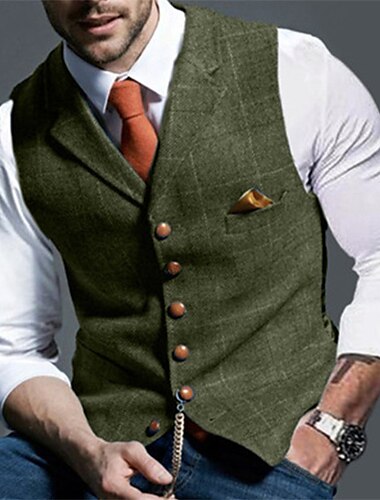  Men's Retro Vintage Vest Herringbone Tailored Fit Notch Single Breasted More-button Light Green Blue Dark Green 2023