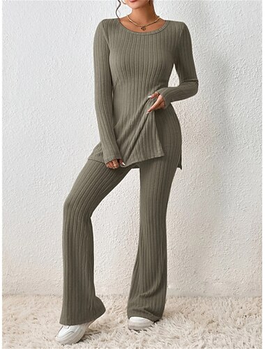  Conjuntos de ropa de estar por casa para mujer, de color puro, a la moda, cómodos, suaves, para el hogar, para uso diario, ropa de cama, transpirable, cuello redondo, manga larga, suéter, pantalón,