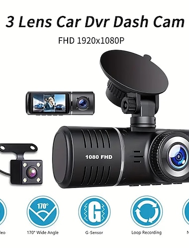  3 kameraer linse 2,5 tommer bil dvr dash cam hd dash kamera treveis linse videoopptaker 1080p svart boks syklus dashcam videokamera
