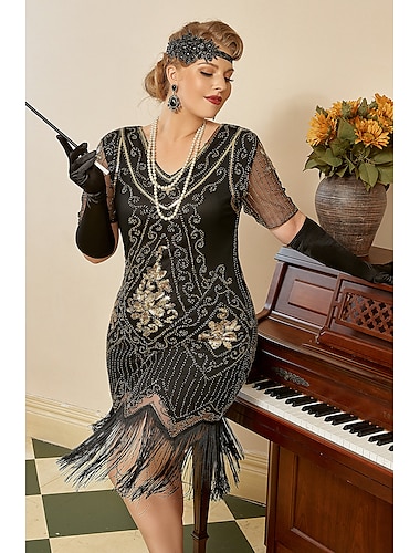  Retro Vintage Goldene Zwanziger 1920er Flapper Kleid Kleid Weihnachtsfeier Kleid Der große Gatsby Hochzeitsgast Pailletten Damen Halloween Karneval Maskerade Karneval Hochzeit Hochzeitsgast Erwachsene