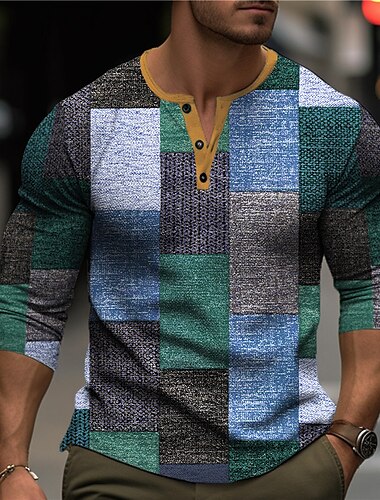  Herren Graphic Plaid Farbblock Henley Shirt Waffel-T-Shirt Langarm 3D-Druck Modisch Designer Brautkleider schlicht Sports Outdoor Festtage Festival Frühling & Herbst Blau Orange Grün Grau Henley