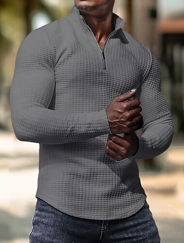  Men's Waffle Tee Waffle Shirt Zip Half Shirt Tee Top Long Sleeve Standing Collar Spring &  Fall Plain Fashion Designer Basic Zipper Vacation Street Going out Black White khaki Top Tee for Men