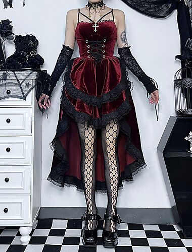  Punk & Gothic Sexy Kostüm Kleid Cosplay Kostüm High-Low-Kleider Vampir Gespenstische Braut Spitze Damen Fantasie Halloween Karneval Maskerade Party / Abend Club Erwachsene Kleid