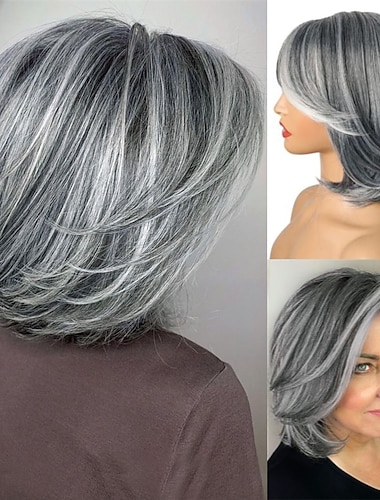  короткий серый парик с челкой, многослойные серебристо-серые парики для женщин, многослойные парики боб, стрижка пикси, многослойный парик, волосы, парики из синтетических волос