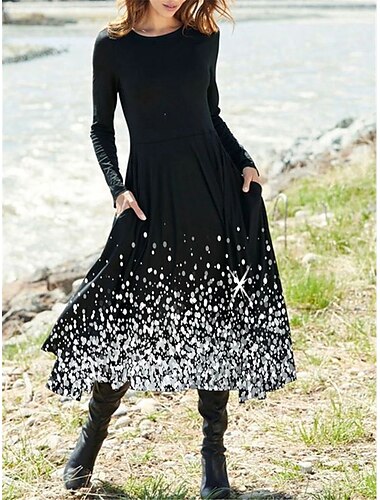  Damen Midikleid Freizeitkleid Winterkleid Ethnokleid Schwingkleid Vintage Ethnisch Tribal Formell Outdoor Urlaub Normale Passform Ombre Blumen Stammes Langarm Rundhalsausschnitt Schwarz Weiß Gelb
