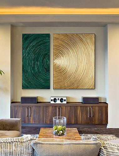  goldgrüne Kreise handgemalte abstrakte Kunst 3D Strukturkunst Original Acrylgemälde Blattgold Wandkunst großes Wohnzimmer Wanddekor (ohne Rahmen)