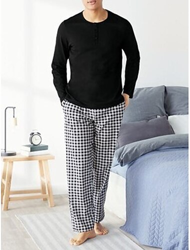  Herren Hausanzug Schlafanzüge Schlafanzug Set Pyjama-Oberteil und Hose 2 Stück Plaid Stilvoll Brautkleider schlicht Komfort Heim Täglich Baumwollmischung Komfort Rundhalsausschnitt Langarm T Shirt