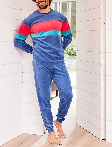 Herren Hausanzug Schlafanzüge Schlafanzug Set Pyjama-Oberteil und Hose 2 Stück Streifen Stilvoll Brautkleider schlicht Komfort Heim Täglich Flanell Komfort Rundhalsausschnitt Langarm Pullover