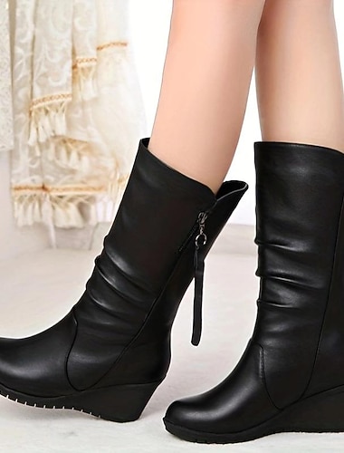  stivali da donna con zeppa neri a metà polpaccio, in morbida similpelle con cerniera laterale, eleganti e comodi per l'uso quotidiano casual