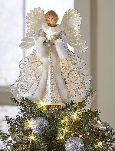  Weihnachtsbaum-Engelspitze, LED-Engel, Weihnachtsbaumspitze, weiße Feen-Engel-Weihnachtsbaumdekoration mit Licht, Feenbaumkronen-Anhänger für festliche Heimdekoration