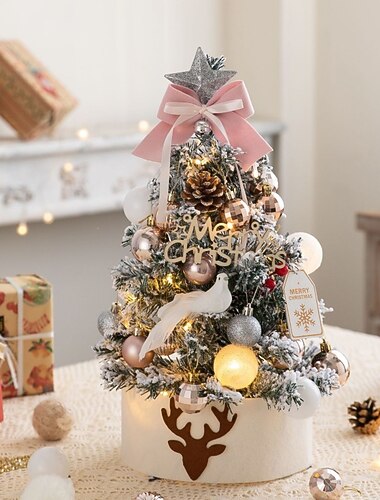  45 cm skrivebord mini juletre sett rosa opplyst juletre flokker juletre skrivebord opplyst juletre dekorasjon nyttår familiefest vindusdekorasjon