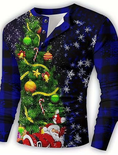  jul herre juletre henley t-skjorte rutete julenissen tre mote daglig tilfeldig 3d-utskrift henley uformell ferie gå ut blå rød &amp; hvit mørkeblå langermet henley spring &amp;  falle