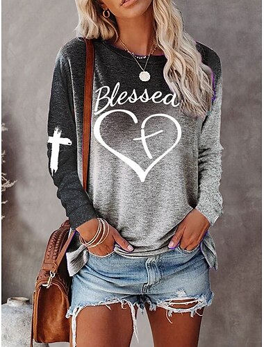  T-Shirt für Damen in Übergröße, Basic, Herz-Farbblock-Druck, langärmelig, normale Oberteile, Rundhalsausschnitt, lässig, Wochenende, Pink, Lila, Orange, Grau, Herbst&amp; Winter