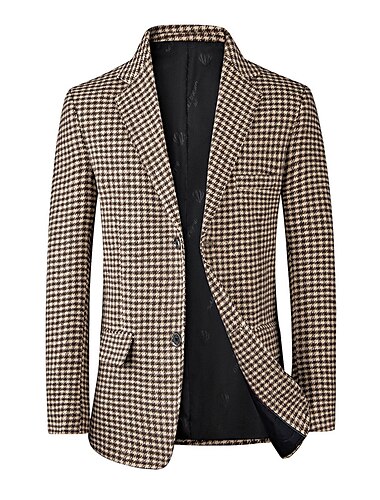  男性用 カクテルの服装 ブレザー ビジネス フォーマルイブニング ウェディングパーティー ファッション カジュアル 春 & 秋 ポリエステル 格子柄 幾何学的な ボタン ポケット カジュアル／普段着 シングルブレスト ブレザー ホワイト キャメル ベージュ コーヒー