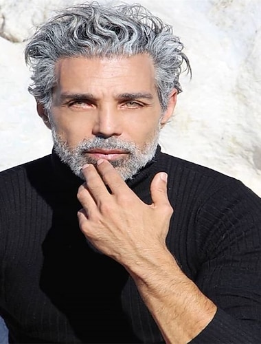  férfi szürke paróka rövid göndör szürke paróka szintetikus hőálló jelmezek természetes halloween cosplay haj paróka