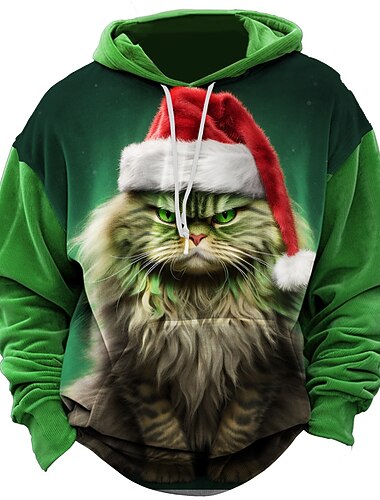 jul menns juledyr 3d hettegensere julenissens katt grafiske utskrifter daglig klassisk uformell 3d genser ferie gå ut hettegensere rød mørk grønn hette våren &amp; iført lue bomull