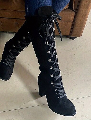  bottes hautes noires à lacets et talons épais pour femmes - élégantes et avant-gardistes pour l'automne et l'hiver, idéales pour les tenues décontractées, les fêtes et les sorties nocturnes