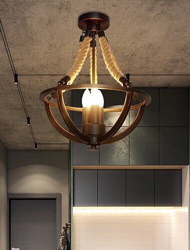  Lampadario a sospensione a soffitto lampadario moderno rustico corda di canapa cestino di ferro montaggio a semi-incasso plafoniera in metallo cucina bar ristorante decorazione lampada a sospensione