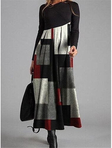  Damen Maxi Kleid Winterkleid Floral Tierdruck Raffung Patchwork Rundhalsausschnitt Langes Kleid Täglich Urlaub Langarm Herbst Winter