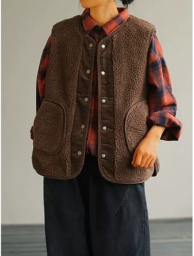  Dame Fleecevest سترة Hold Varm Pustende Lomme Fleece Lined Fritid Gate stil عادي Feriereise Gate Dagligdagstøy Ut på byen Enkeltkneppet Normal Crewneck Normal Ermeløs Yttertøy Brun Kakifarget Beige