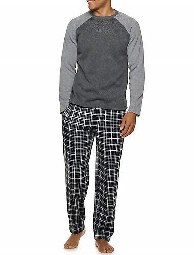  Herren Hausanzug Schlafanzüge Schlafanzug Set Pyjama-Oberteil und Hose 2 Stück Plaid Stilvoll Brautkleider schlicht Komfort Heim Täglich Baumwollmischung Komfort Rundhalsausschnitt Langarm T Shirt