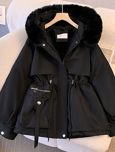  Damen Wintermantel puffer jacket Hoodie Jacke Windundurchlässig warm halten Tasche Mit Taschen Pelzkragen Modisch Streetstyle Feste Farbe Urlaub Strasse Freizeitskleidung Ausgehen Reisverschluss