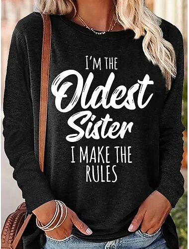  Damen T Shirt Buchstabe Familie Modisch Langarm Rundhalsausschnitt Normale Oberteile Täglich Wochenende Bedruckt Schwarz Rosa Blau Grün Frühling & Herbst Frühling, Herbst, Winter, Sommer