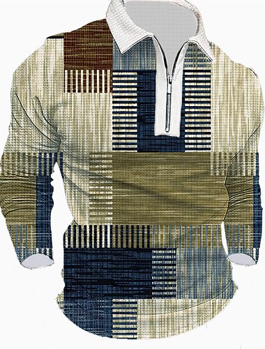  Herren Gestreift Grafik-Drucke Geometrie Waffel-Poloshirt Poloshirt Revers-Polo Zip Polo Golfhemd Langarm Hemd Umlegekragen Outdoor Strasse Blau Grün Khaki Grau Zip Bedruckt Bekleidung Modisch