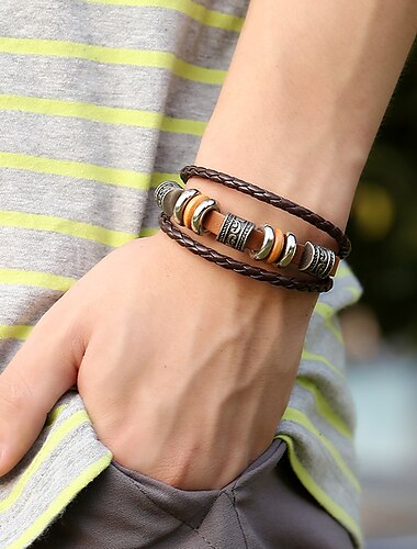 Joyería simple con cuentas a mano pulsera de cuero multicapa Europa y los Estados Unidos pulsera popular de moda para hombres