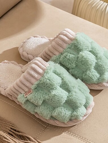  rosa fuzzy tofflor för kvinnor, mysiga inomhusskor med stickad ovandel och mjukt foder för vinterkomfort