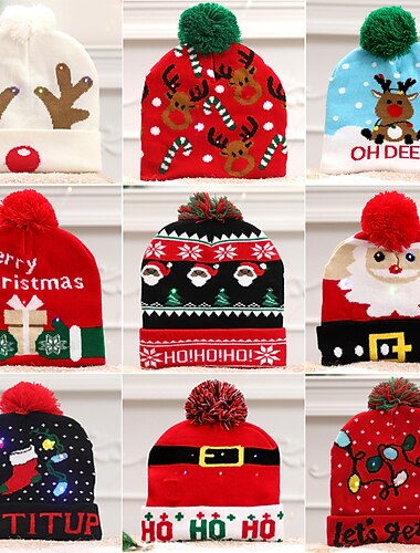 Nuevo gorro navideño luminoso para niños y adultos, cálido gorro de punto estilo europeo y americano, gorro de lana estampado para regalos navideños, para otoño e invierno