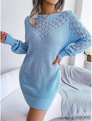  Damen Pullover Kleid Stilvoll Brautkleider schlicht Weich Feste Farbe Gerippt Rundhalsausschnitt Patchwork Langarm Lange Oberteile Stricken Täglich Ausgehen Wochenende Weiß Rosa Herbst Winter