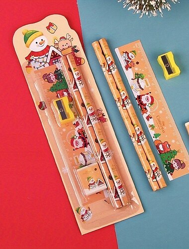  1 Set Weihnachts-Bleistift-Kombinationsset mit 2 Bleistiften, 1 Radiergummi, 1 Lineal, 1 Bleistiftspitzer, Schulbedarf, Weihnachtsgeschenk, Skizzen-Zeichenwerkzeuge