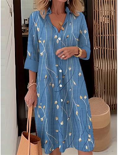  Pentru femei Poliester Rochii Tip Cămașă Rochie casual Floral Buton Buzunar Guler Cămașă Rochii Midi Casual Zilnic Dată Manșon Lung Toamnă Iarnă