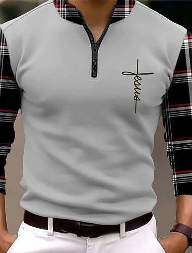  Voor heren Ruitjes Geloof Polo met rits Golf Polo's Shirts Lange mouw Poloshirt Rits Vintage Buiten Streetwear Casual / Dagelijks 3D Afdrukken Herfst winter Grijs