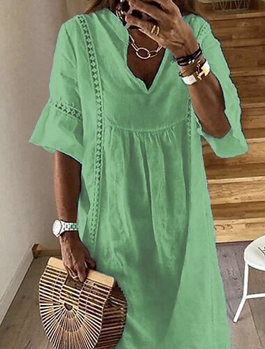  Dámské Mini šaty Mieszanka bawełny Úpletové šaty Volnočasové šaty Základní Moderní Denní Dovolená Letní šaty Volný Čistá barva Poloviční rukáv Do V Bílá Dusty modrá Trávová zelená Léto Jaro