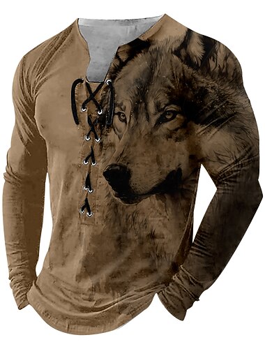  رجالي ذئب كم طويل تي شيرت طباعة ثلاثية الأبعاد رقبة عالية مدورة قميص موضة عتيق / معتق الخارج فضفاض مناسب للعطلات أزرق أزرق سماوي بني الخريف ملابس طبيعي S M L XL XXL XXXL