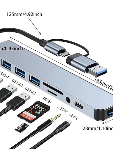  محور USB 8 في 1 ثنائي الأغراض مع USB & واجهات من النوع C، محور USB C ذو 8 منافذ مع USB 3.0، USB 2.0، قارئ بطاقات Micro SD/TF، ميكروفون/صوت & واجهات أخرى