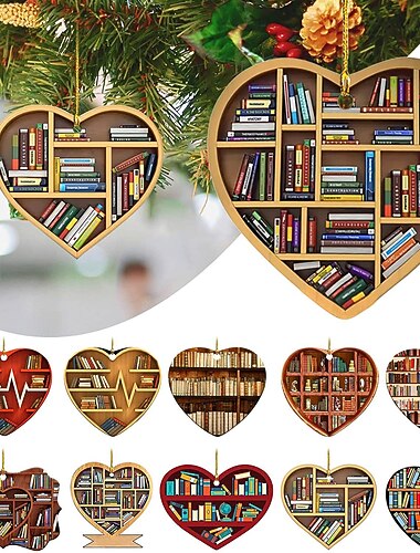  kerstboomdecor, vierkante hartboekenplankhanger, bibliotheekboekenplank hartornament, kamerdecoraties