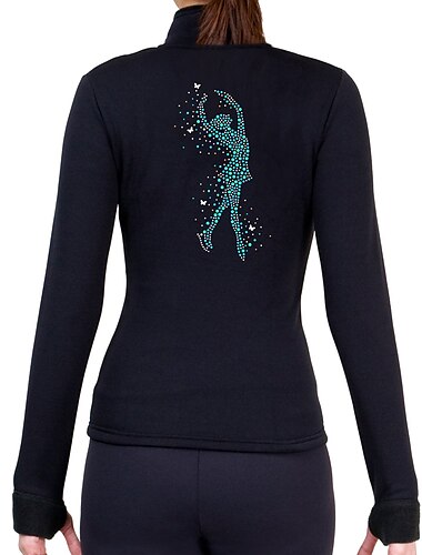  Fleecejacke fürs Eiskunstlaufen Damen Mädchen Eislaufen Jacke Shirt Schwarz Daumenloch elastisch Ausbildung Wettbewerb Eiskunstlaufkleidung warm Kristalle Langarm Eislaufen Eiskundstlauf