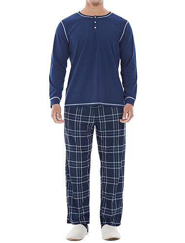  Herren Hausanzug Schlafanzüge Schlafanzug Set Pyjama-Oberteil und Hose 2 Stück Plaid Stilvoll Brautkleider schlicht Komfort Heim Täglich Baumwollmischung Komfort Henley Langarm T Shirt Hose Kordelzug