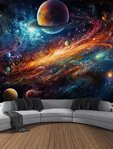  نسيج معلق على شكل كوكب الكون، فن جداري كبير، ديكور جداري، صورة خلفية، ستارة بطانية، ديكور غرفة نوم المنزل وغرفة المعيشة