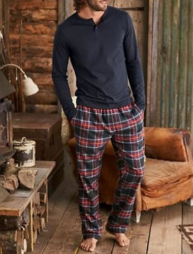  Hombre Ropa de salón Pijama Conjunto pijama Top y pantalón de pijama 2 Piezas Plaid Elegante Casual Confort Hogar Diario Mezcla de Algodón Comodidad Henley Manga Larga Camiseta Pantalón Correa