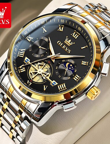  OLEVS 男性 クォーツ ファッション カジュアルウォッチ 腕時計 ムーンフェイズ表示 光る カレンダー クロノグラフ付き ステンレス 腕時計