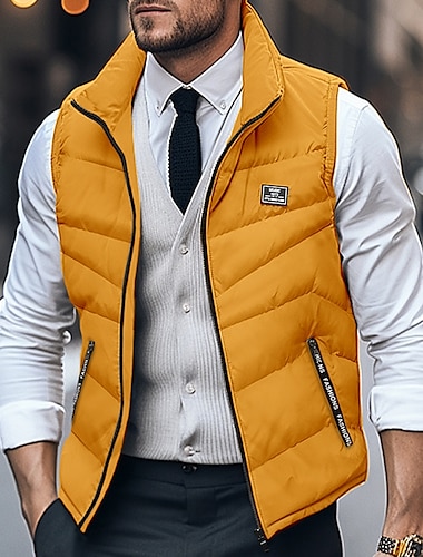  Men's Winter Coat Quilted Vest Pocket Office & Career Date Casual Daily Outdoor Casual Sports Winter Plain Black White Yellow Red Puffer Jacket
