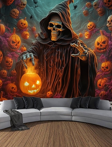  Halloween Dekorationen Wandteppich Jack O Laterne Kürbis Dekor Wandkunst große hängende Wandteppich Wandbild Dekor Fotografie Hintergrund Decke Vorhang Haus Schlafzimmer Wohnzimmer Skelett Tod