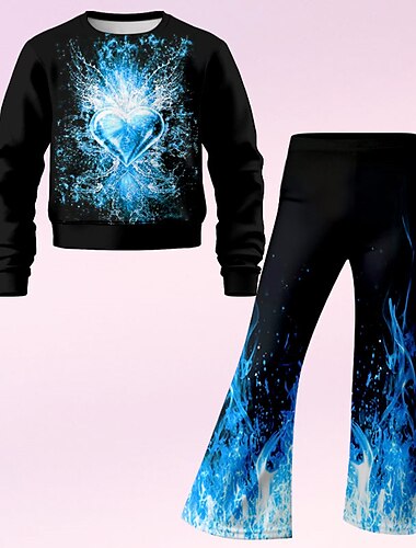  Mädchen 3D Herz Set Set aus Sweatshirt und Schlaghose Langarm 3D-Druck Herbst Winter Aktiv Modisch Täglich kinderkleidung 4 Jahre + Rundhalsausschnitt Outdoor Urlaub Verabredung Regular Fit