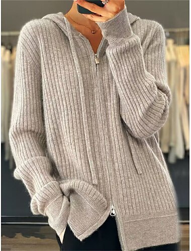  Dam Cardigan Tröja Stylish Ledigt Mjukt Ensfärgat Ribbad Huva Dragkedja Långärmad Vanliga toppar Sticka Utomhus Dagligen Utekväll Svart Kamel Höst Vinter